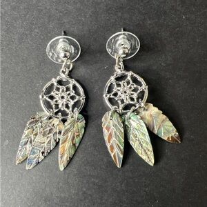 Dream Catcher Dangle Push Back Earrings, Silver Color With Multicolor Feathers